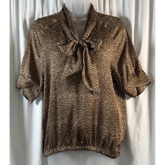 New York & Co Bow Leopard Blouse Brown Tan S academia chic sophisticated 80-59 - Picture 1 of 16